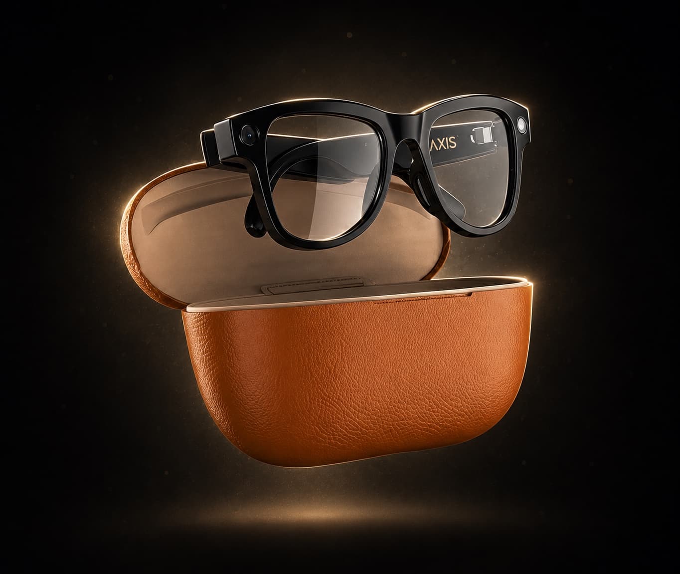 Gafas AXIS de lente transparente sobre su estuche de cuero, con iluminación dorada