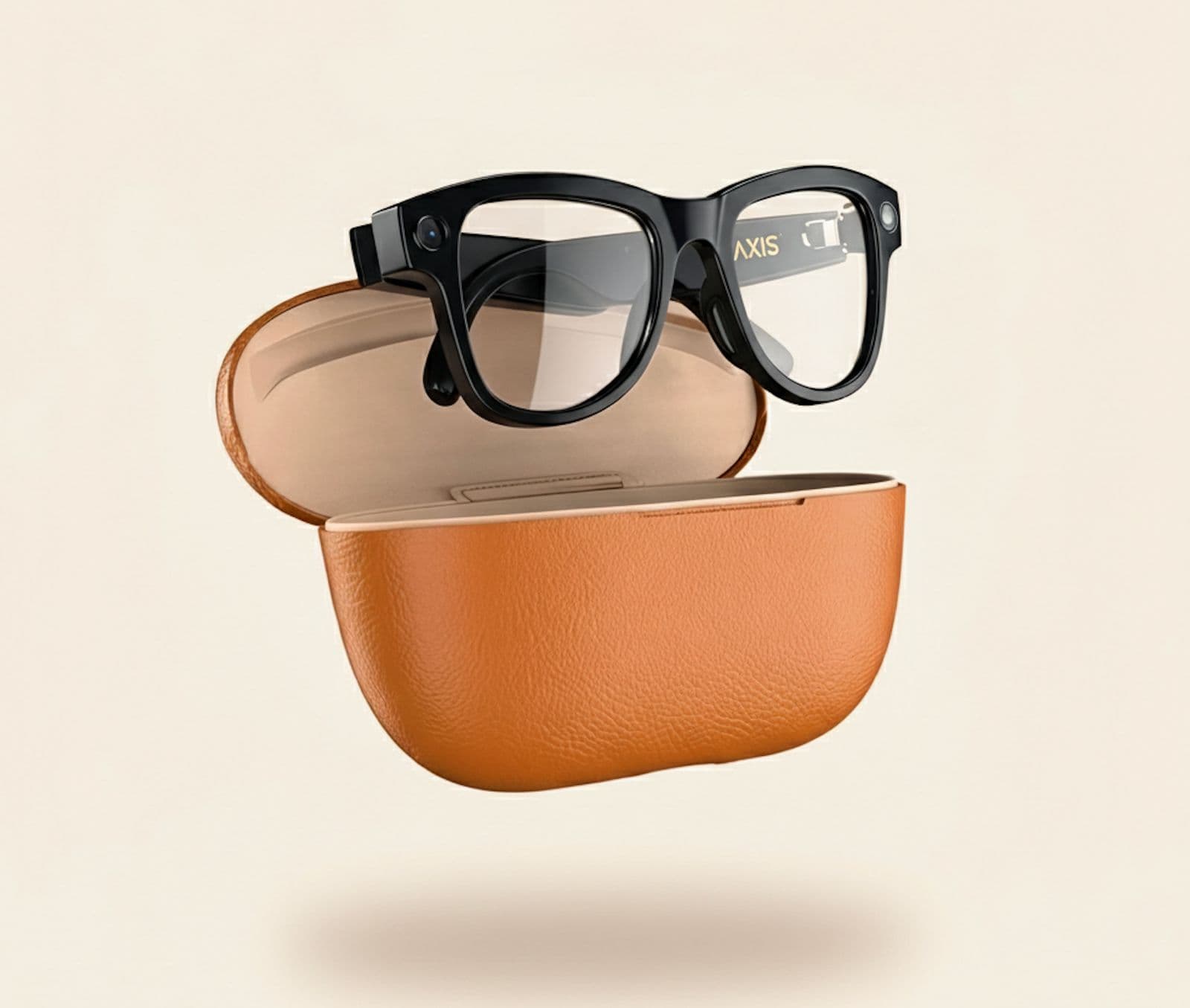 Gafas AXIS junto a su estuche de cuero premium sobre fondo claro